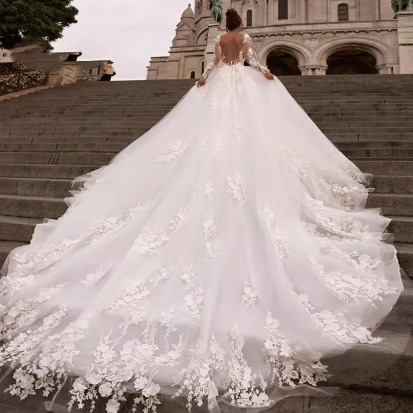 

Элегантное кружевное свадебное платье по индивидуальному заказу с 3D аппликациями и длинными рукавами, свадебное платье принцессы с жемчужным вырезом и открытой спиной, Vestido De Novia