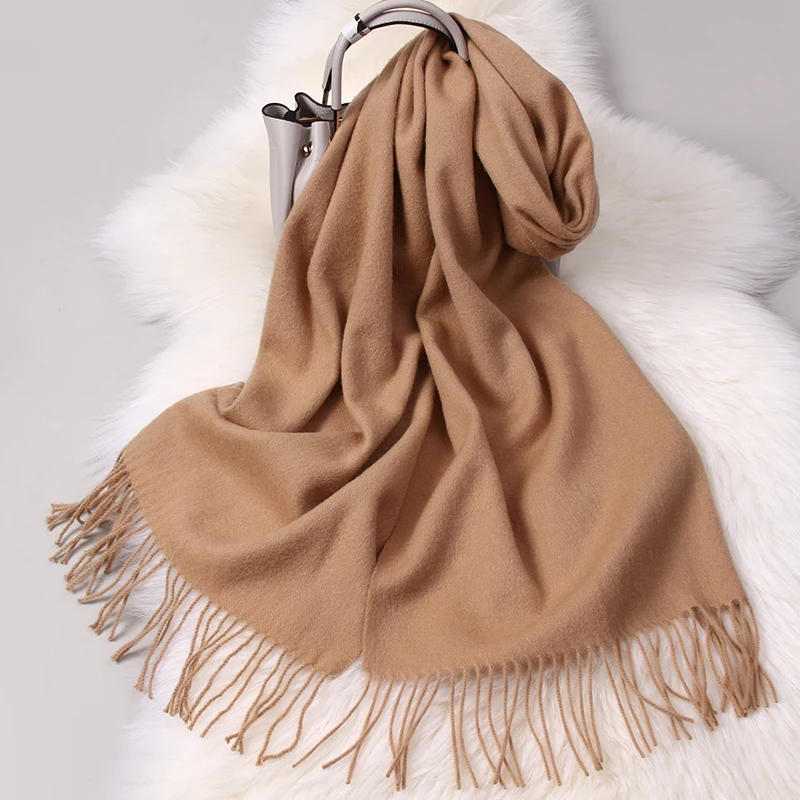 100% Wool Scarf For Women Solid Shawls Wraps For Ladies Long Warm Pashmina Scarf Tassel Cashmere Scarves Winter Foulard Femme