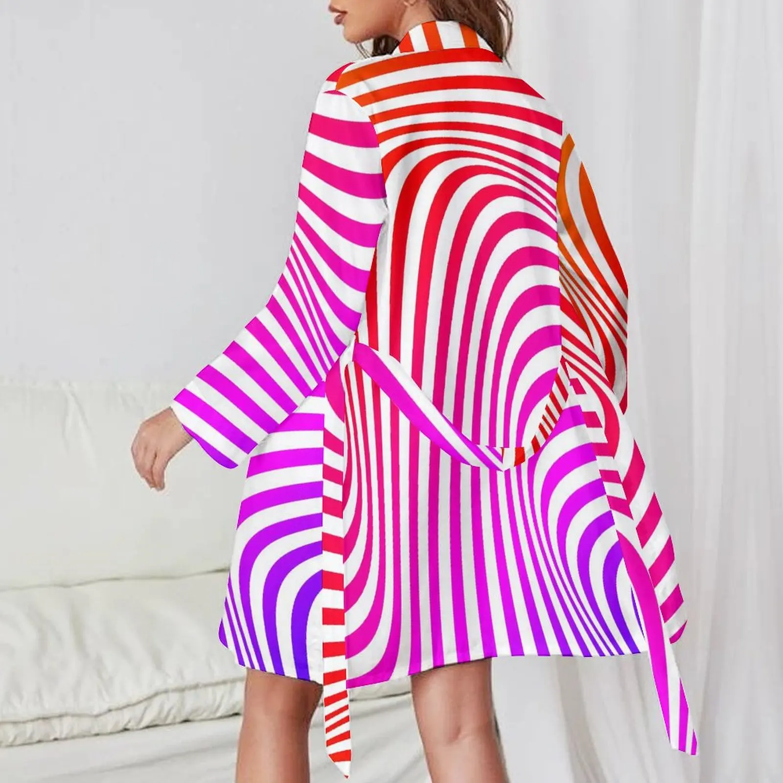 Abstract Striped Pajama Robe Psychedelic Print Long Sleeve Casual Pajamas Robes Female V Neck Soft Bathrobe Spring Custom Dress