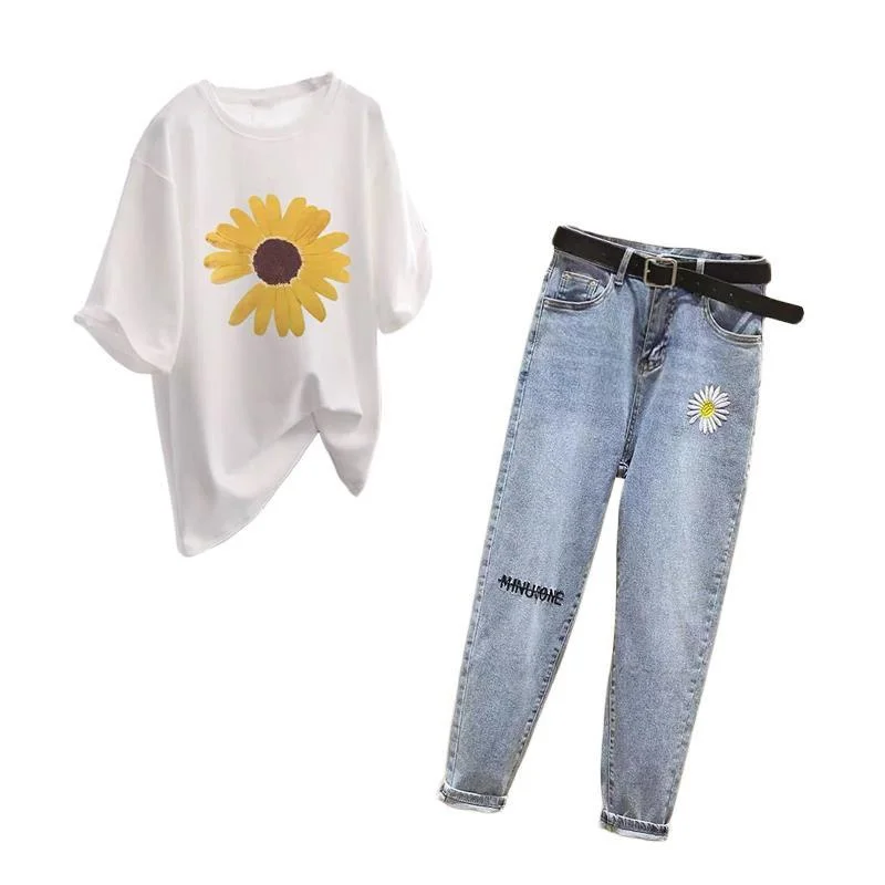 Summer New Elegant Women's Pants Set Daisy Loose Short Sleeve T-shirt Vintage Jeans Two-piece Set Female Trousers Tops