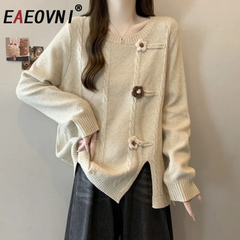 

EAEOVNI Autumn Winter New Knitted Sweater Women 3D Floral Spliced Desing Split Pullover Tops Casual 2025 Fashion Clothing