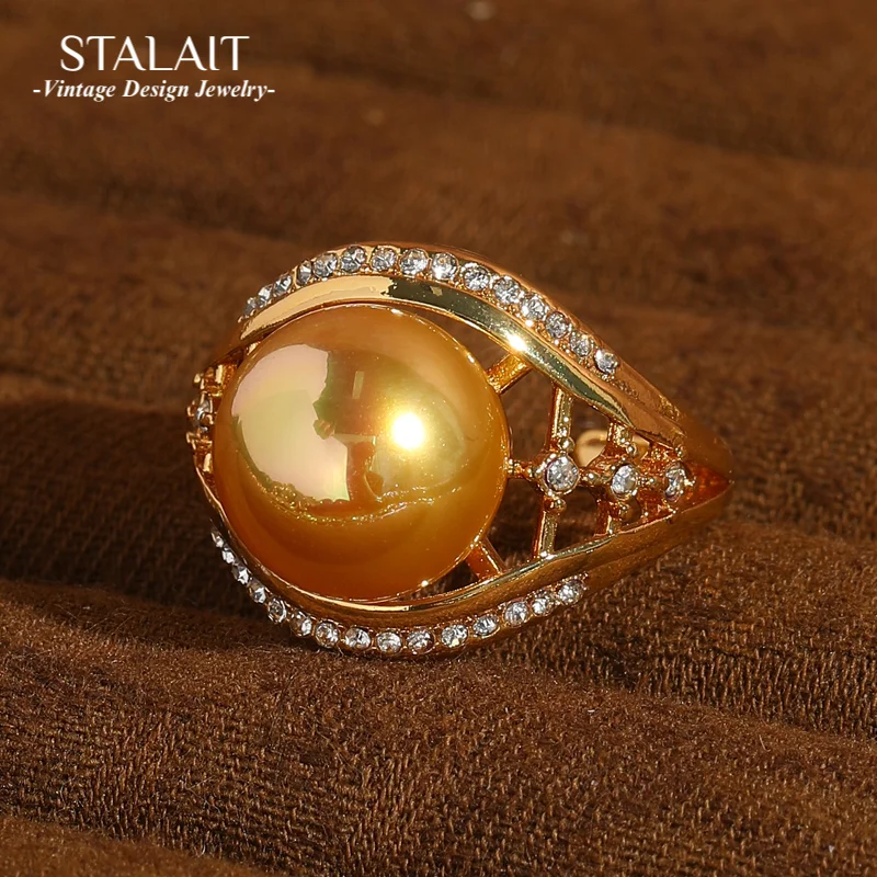 

﻿ Vintage Gold Color Pearl Rings Rhinestone For Women Wedding Engagement Accessories Open Luxury Quality Jewelry 2025 Trends