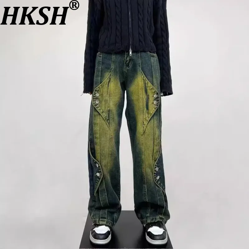 

HKSH Осенние новые мужские джинсы Tide American High Street Vintage Dirty Ink Splash Tie-Dye Прямые джинсовые брюки Ins Waste Land HK11427