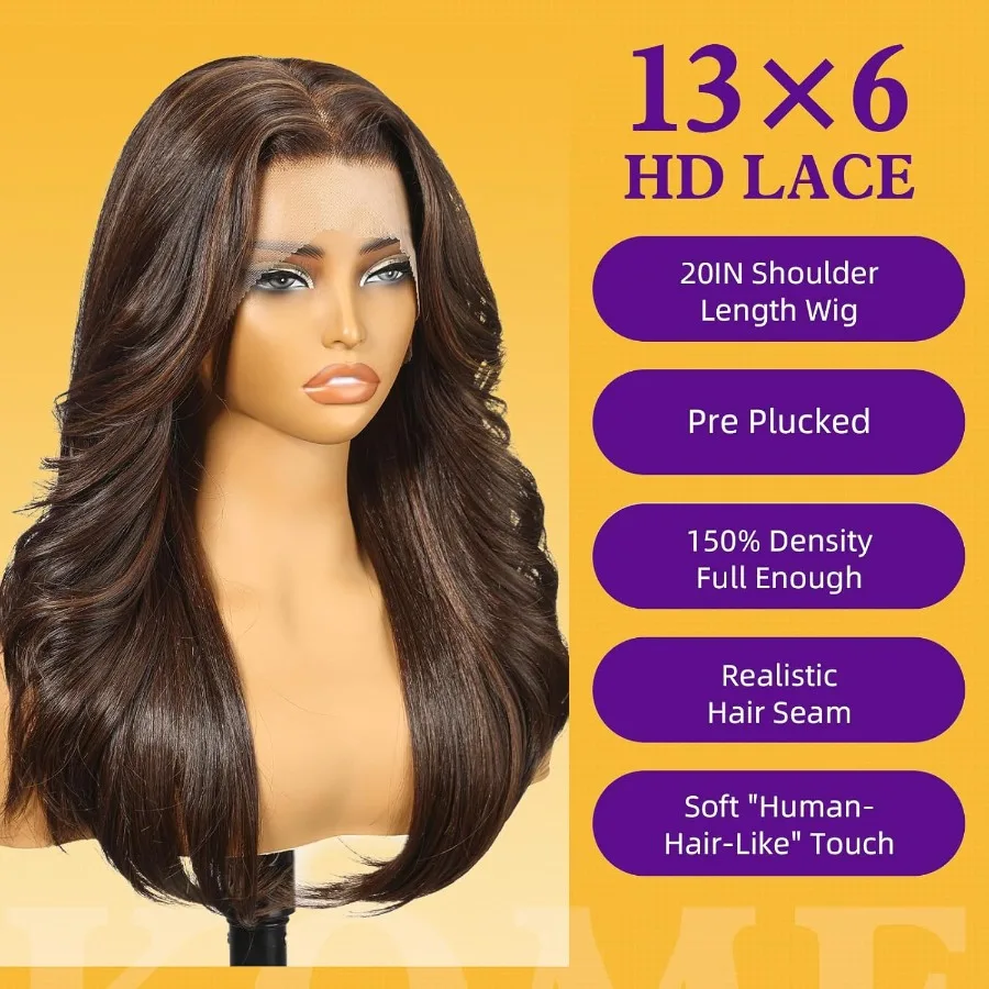 باروكة أمامية من الدانتيل الاصطناعي باللون البني 13X6 HD شعر مستعار طويل مستقيم بدون صمغ للنساء للاستخدام اليومي 20IN مثالي للارتداء اليومي
