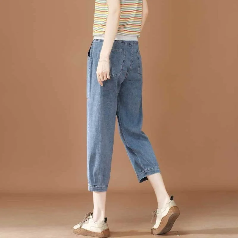 High Waist Jeans Woman Summer Thin Denim Pants Trousers Capris Jeans For Women Calf Length Harem Pants Female Breeches