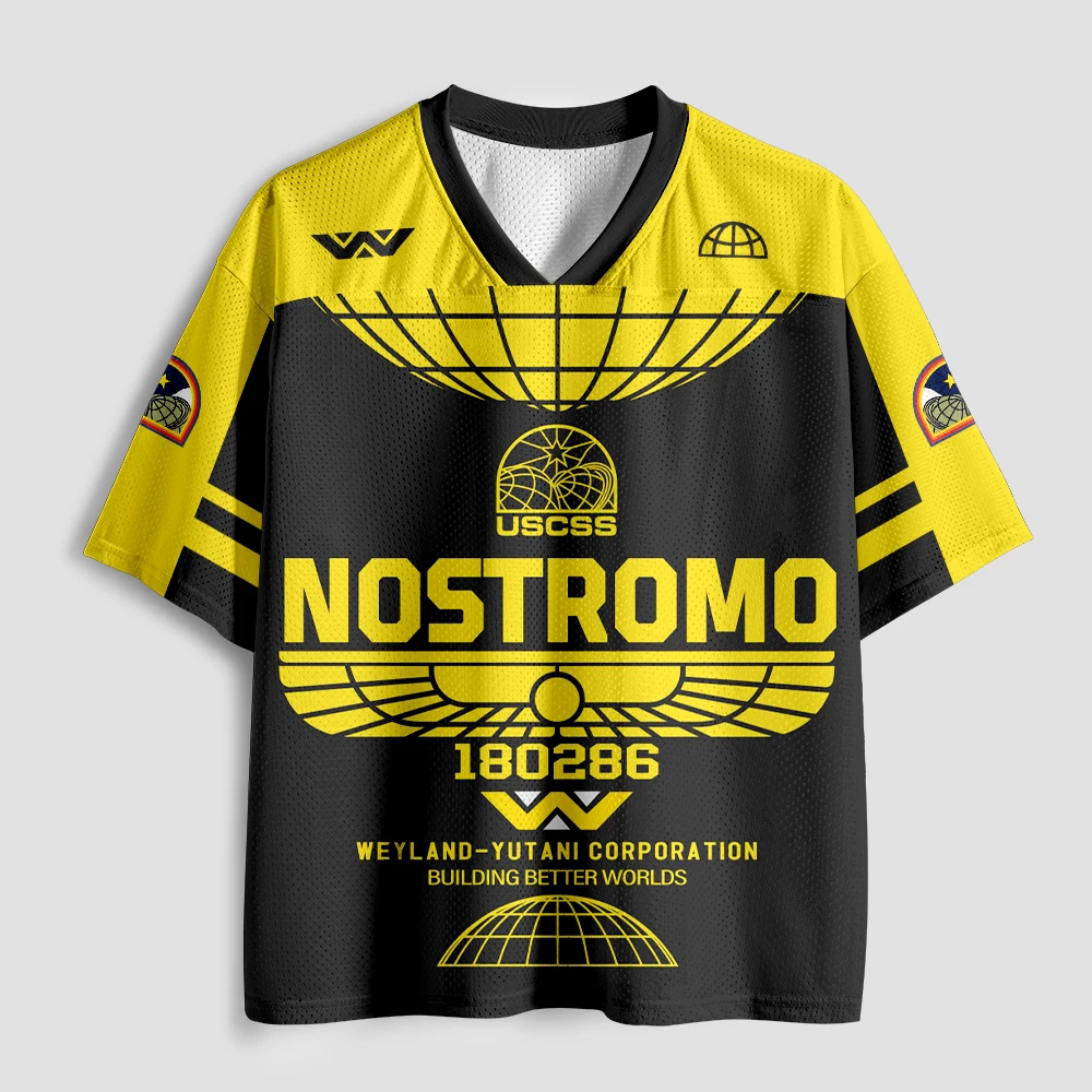 2026 new unisex mesh T-shirt V-neck lightweight breathable polyester mesh retro nostalgic printed casual sportswear