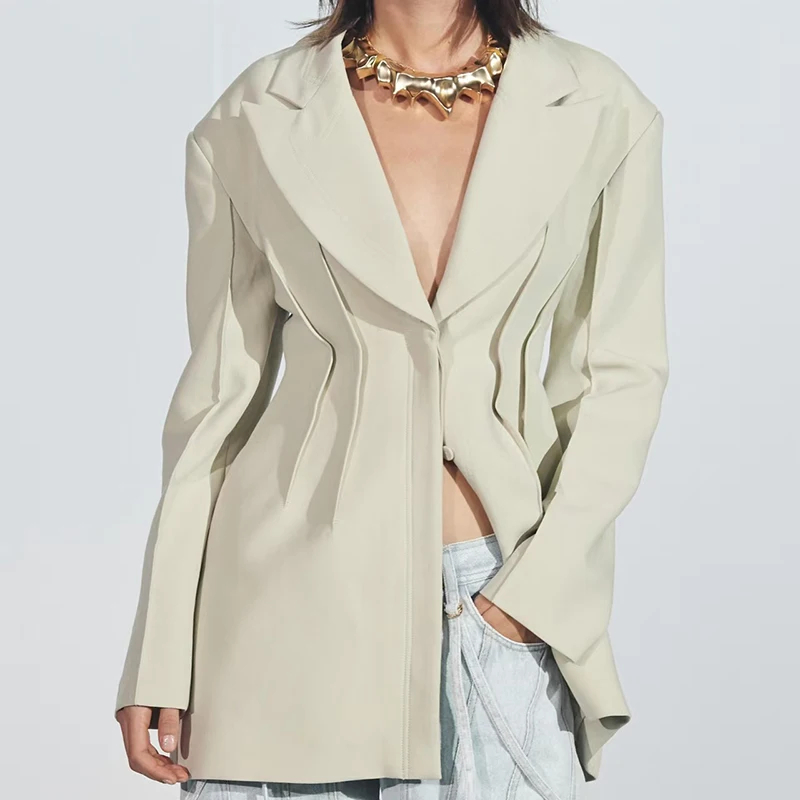 Chaqueta de traje para mujer, chaqueta clásica y de manga larga a la moda, top plisado versátil de alta calidad, 2025, nuevo estilo