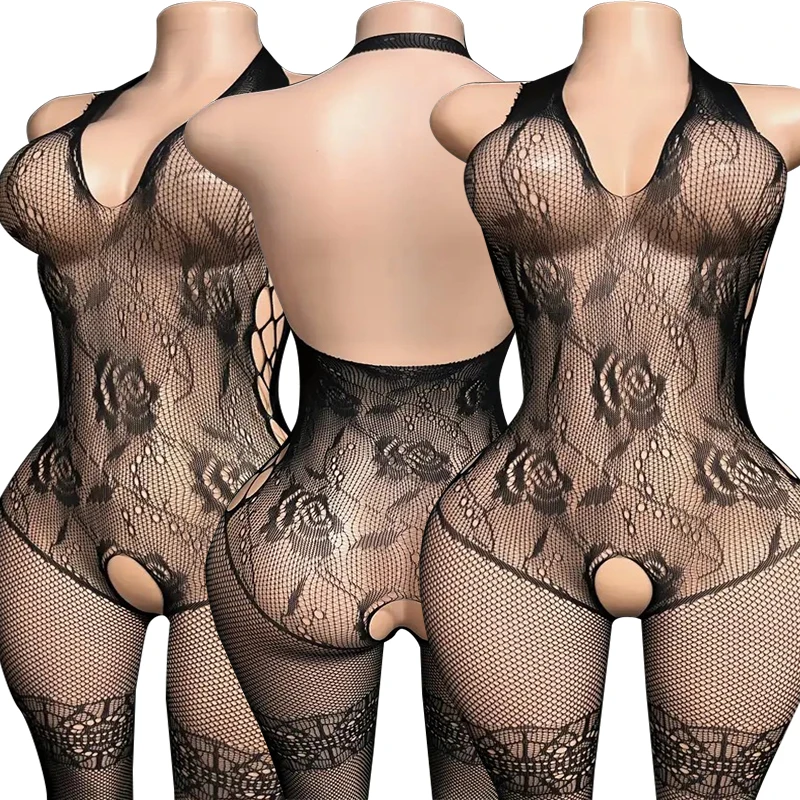  Crotchless Lingerie For Women Mesh Translucent Bra Set Lace Floral Print Bodysuit Fishnet  Hollow Out Underwear Set