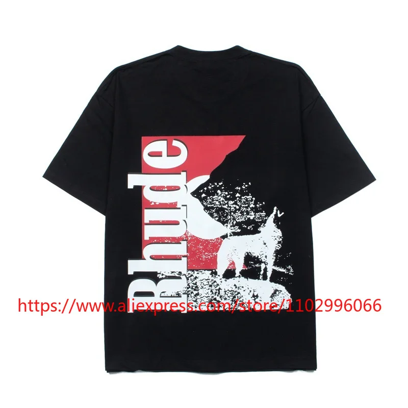 RHUDE Men's T-Shirt Loose Fit Chest Logo Print Cotton Black Casual Streetwear Short Sleeve Tee Top