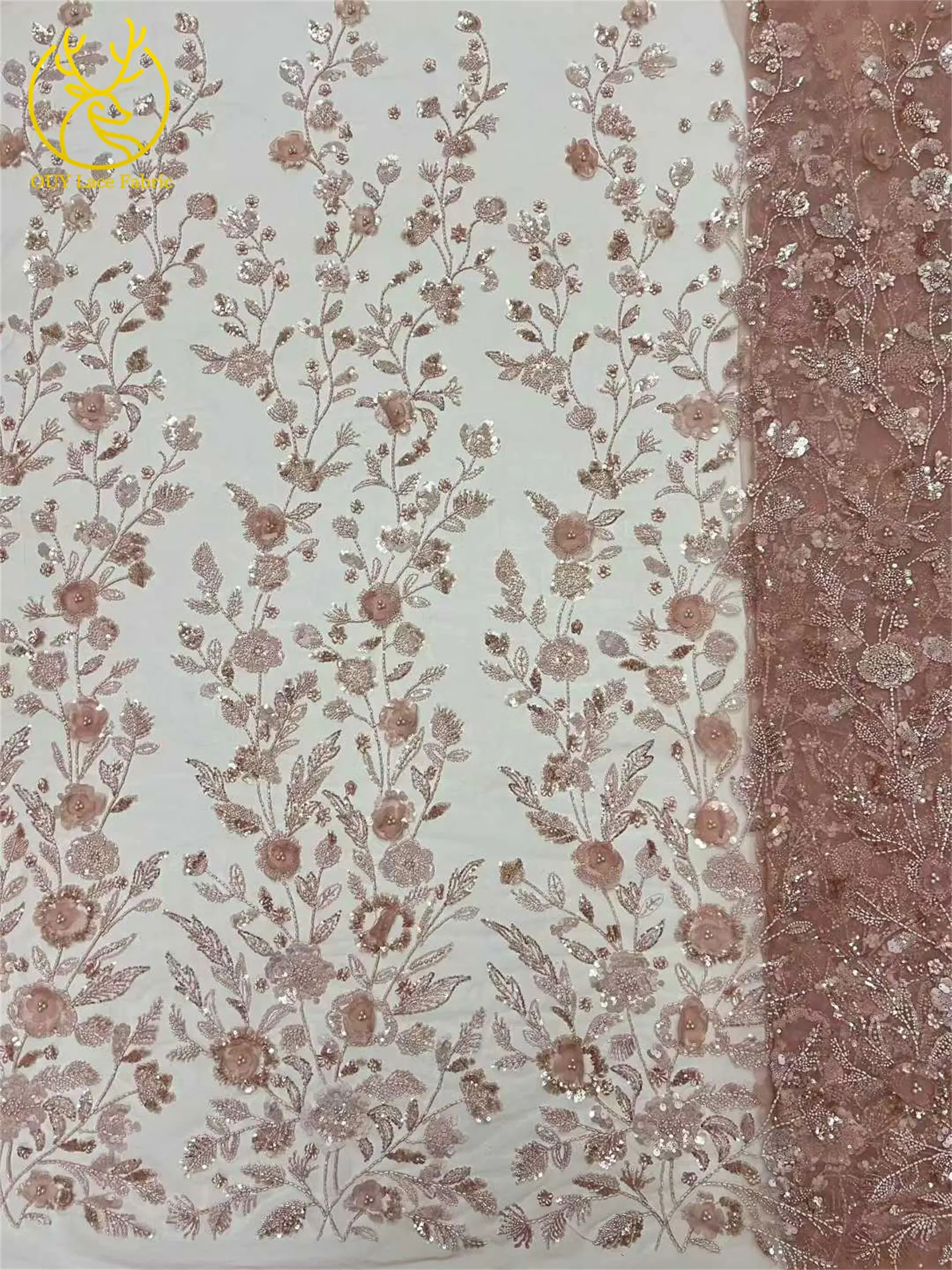 Afrikanischer 3D-Blumen-Handperlen-Spitzenstoff 2026 Hochwertiger Französischer Stil Nigerianischer Pailletten-Spitzenstoff Ideal für Partykleider – Detail 5