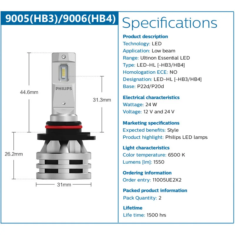 Philips Ultinon Essential G2 LED Headlight HB3 HB4 9005 9006 12V/24V 24W P22d P20d 6500K Hi/Lo Beam Genuine Bulbs 11005UE2X2,2X