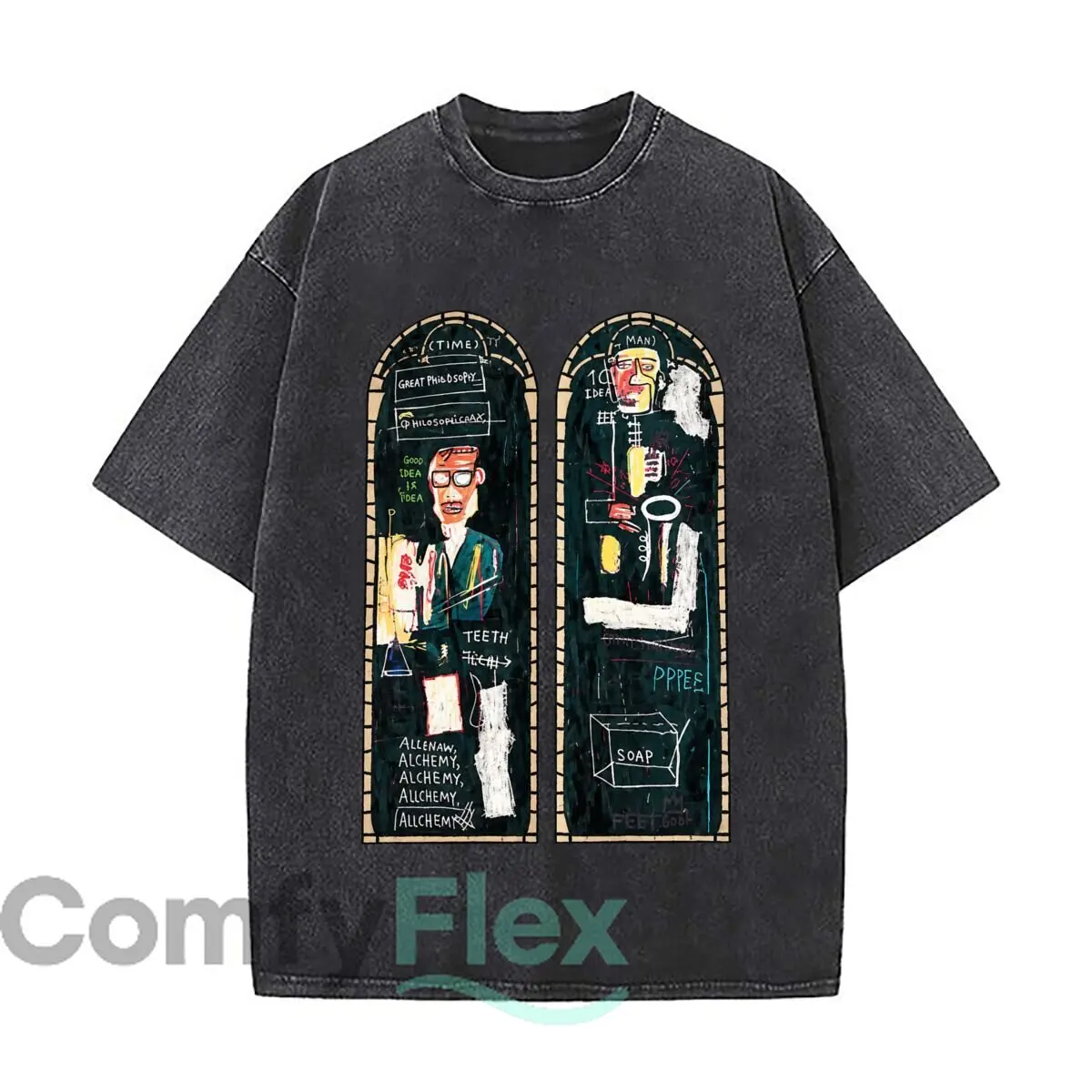 Great Philosophy Good Idea Time Man Teeth Alchemy Soap Abstract Figure Collage Washed Vintage Short Sleeve Loose Streetwear Tee