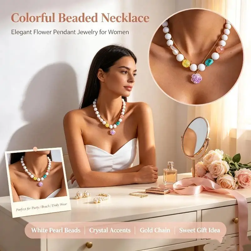 2PCS Bohemian Handmade Acrylic Beaded Clavicle Chain Colorful Choker Necklace for Wedding Guest Jewelry
