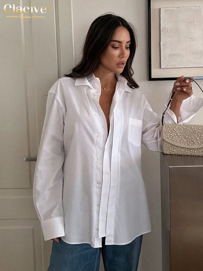 

Модная свободная белая хлопковая женская рубашка Clacive 2026: повседневная блузка с отложным воротником и длинным рукавом, элегантный классический однотонный топ, женская одежда