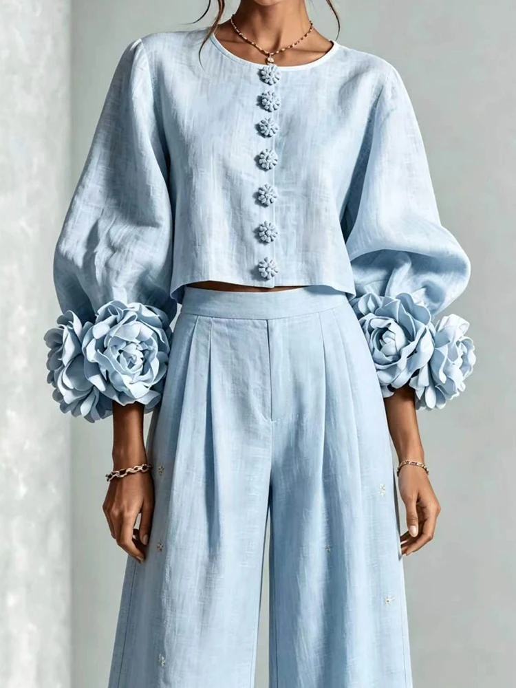 O-Ausschnitt, Pullover-Oberteil mit Dreiviertel-Lanternärmeln und Hose mit weitem Bein, zweiteiliges Set, lockere Damenmode für den Herbst, Streetwear-Outfit.