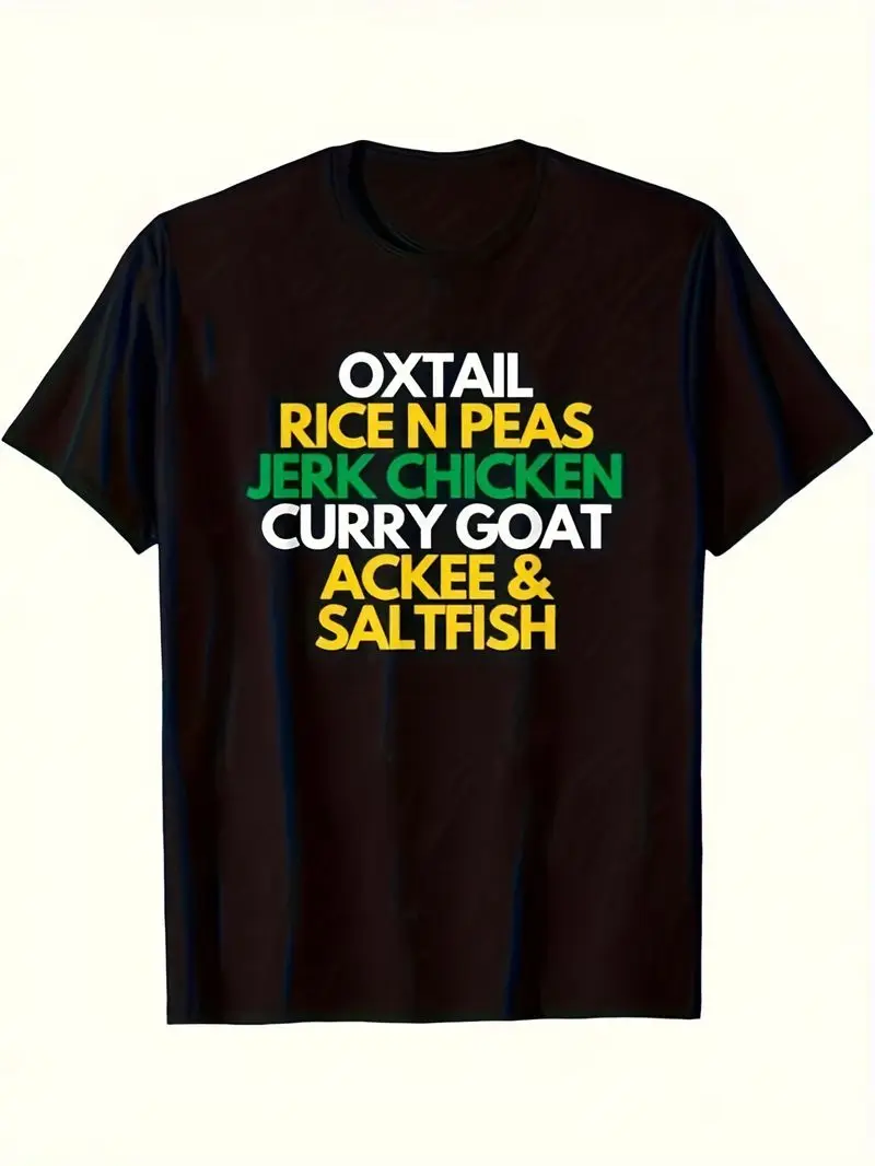 Men's Jamaican Food Pride Graphic T-Shirt - Black 100% Cotton 180Gsm Crew Neck Tee - Oxtail Rice & Peas Jerk Chicken Curry Goat