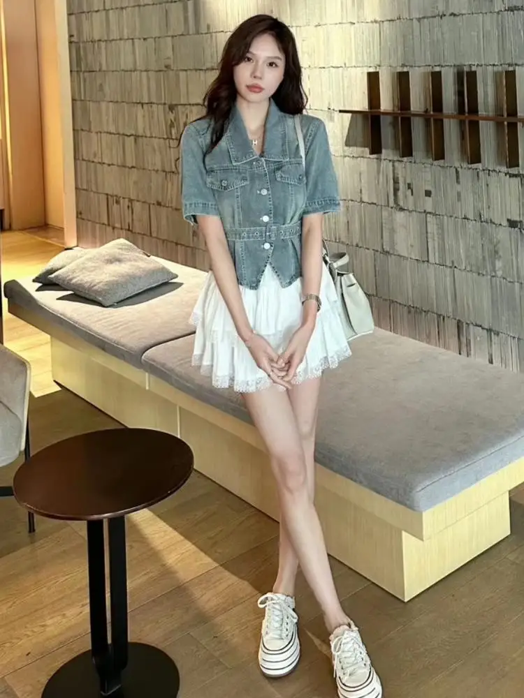 

Fashionable Denim Shirt And Cake Skirt Two-Piece Set Summer Outfit Women's Clothing New 2025 Age-Defying Small Fragrance Style