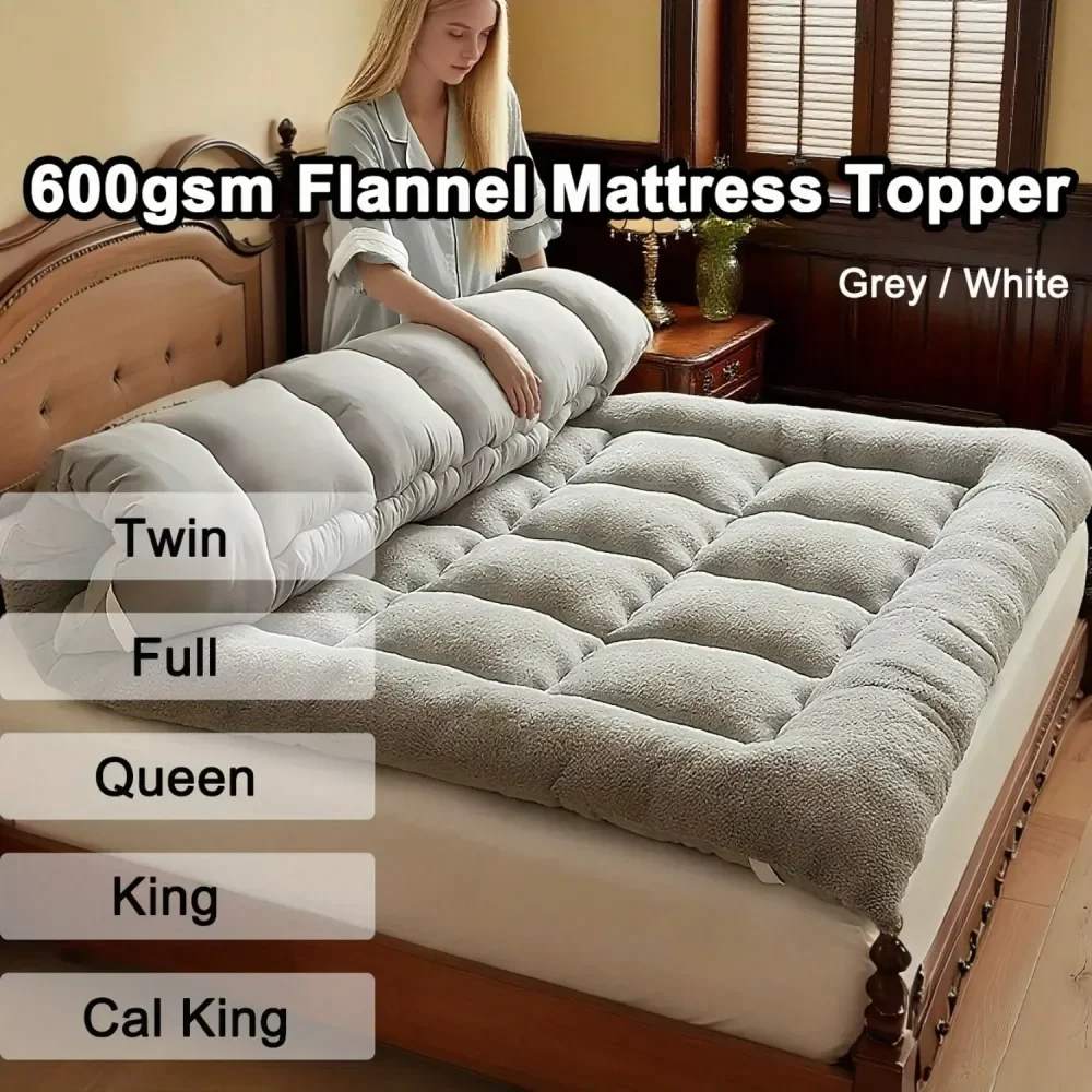 

Plush Flannel Mattress Topper Cover Luxury Bed Layer With NonSlip Corners, Machine Washable, Full Queen Size Twin King Compatib