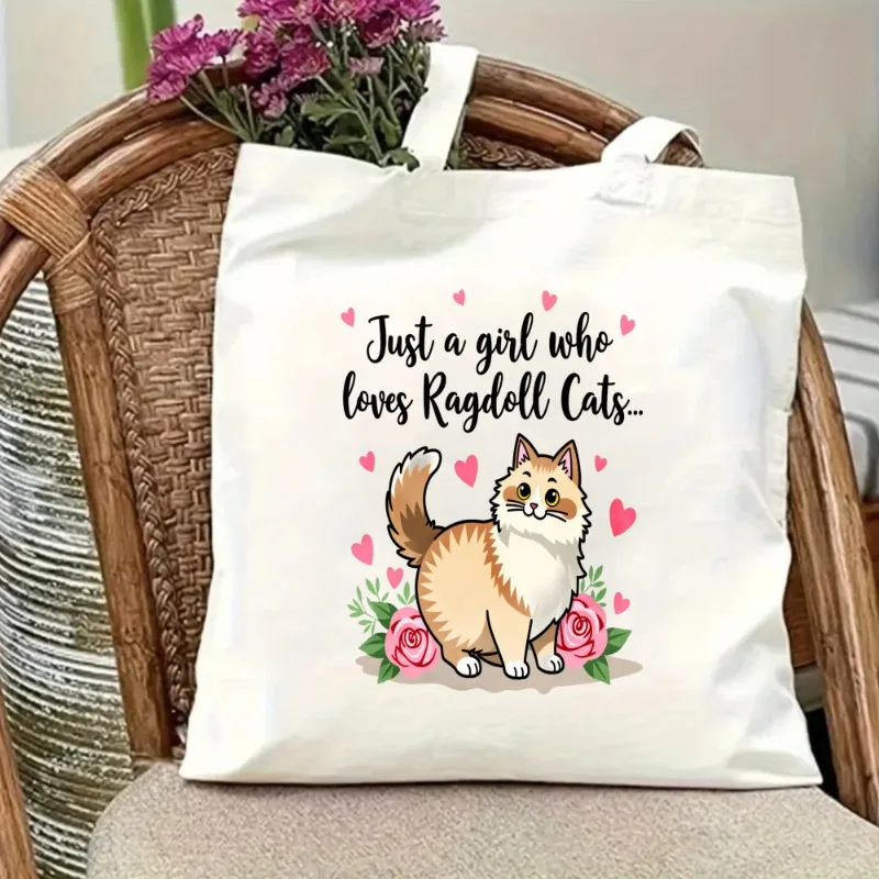 Kitten Love Rose Printing Friend Gift Canvas Bag Tote Bag Shoulder Bag University Bag Home Decoration Student Bag Fashionable