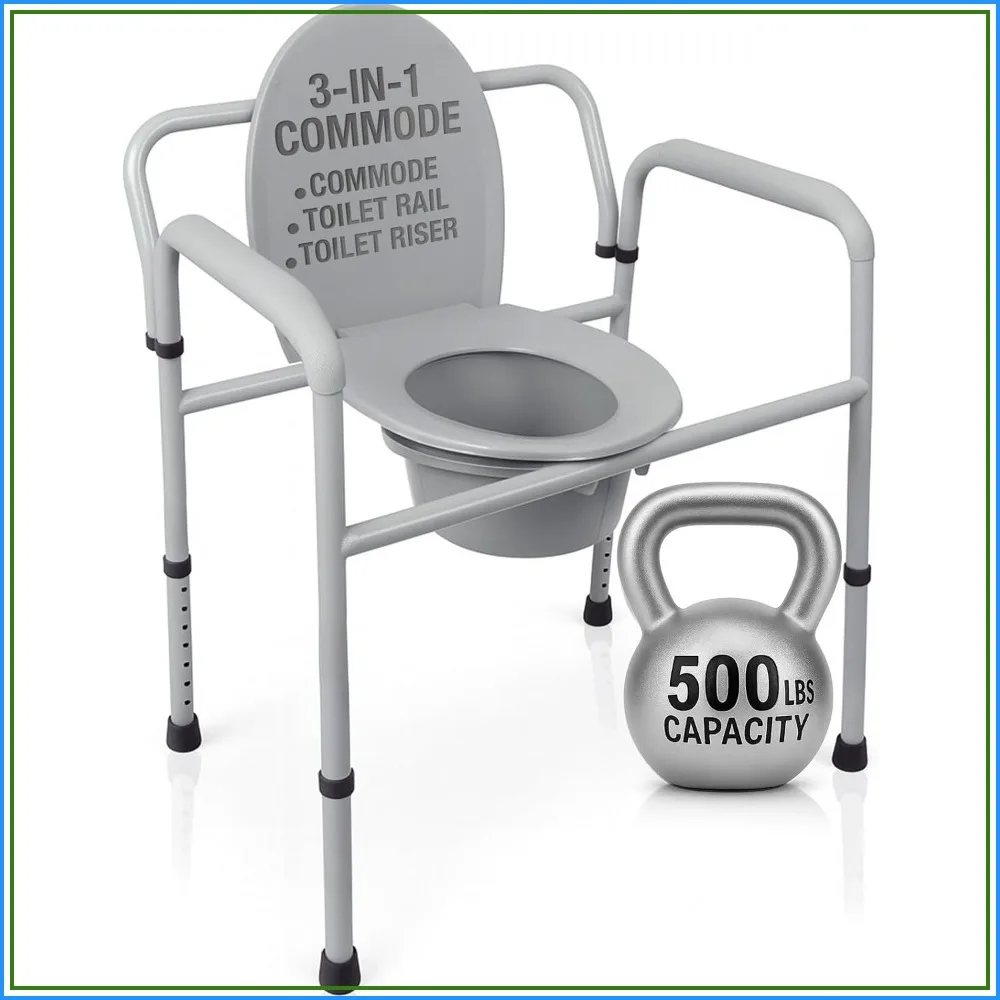 3-in-1 Bariatric Commode 500 lb Capacity - Portable Folding Toilet Chair, Adjustable Height, Extra Wide Seat, Heavy Duty Adult Bathroom