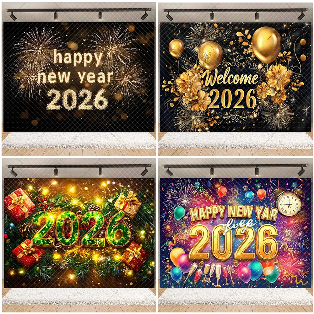 

2026 Christmas Happy New Year Backdrop Black Gold Party Decorations Supplies Colorful Ribbon Balloons Photography Background