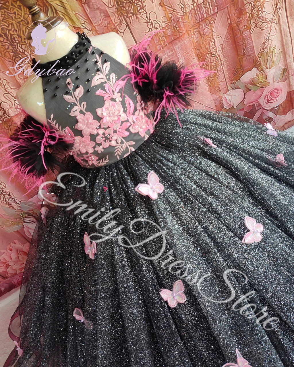 Customized Black Flower Girl Dress For Wedding 3d Applique Shining Puffy Elegant Kids Birthday Party First Communion Gown