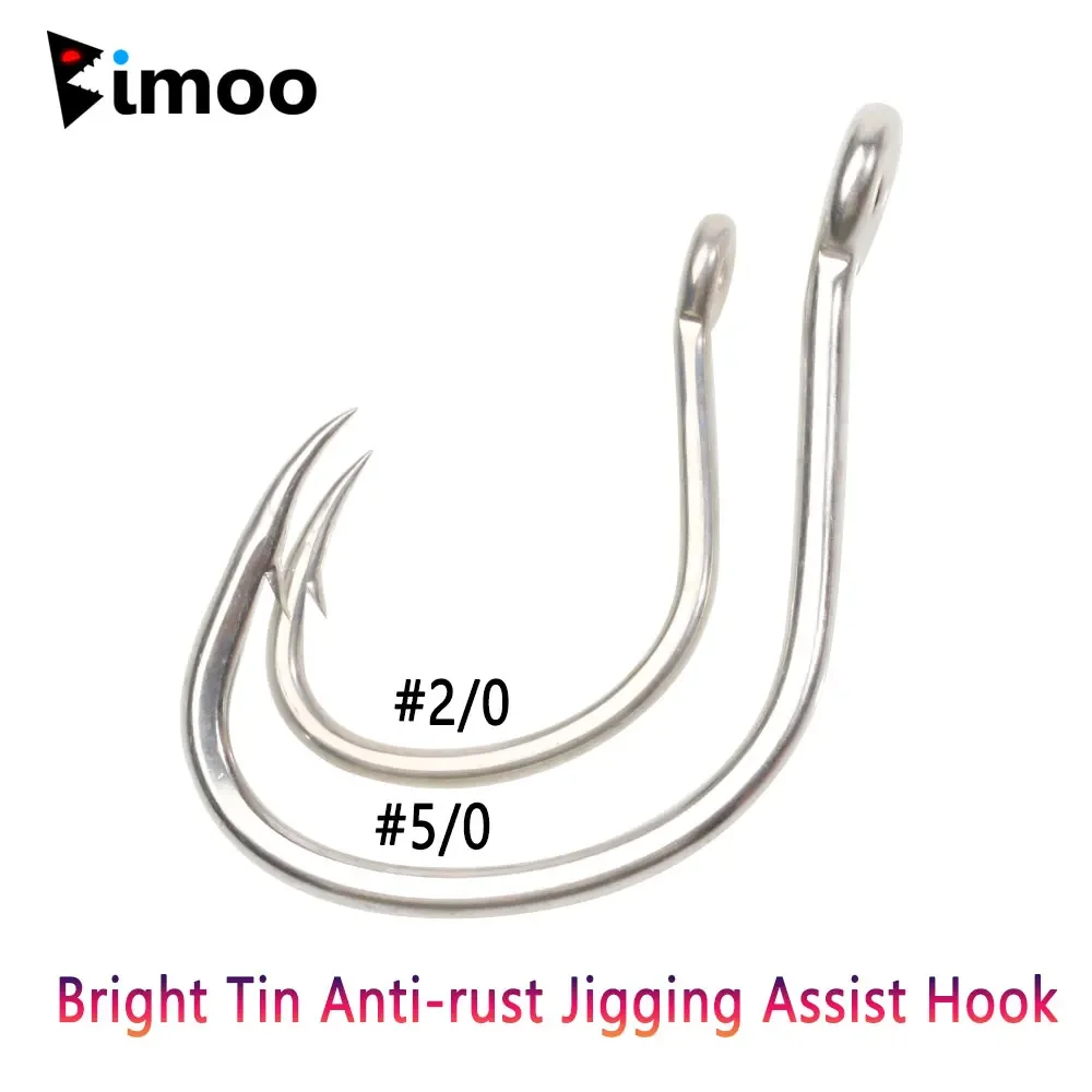 Bimoo 10PCS  2/0 3/0 4/0 5/0 Bright Tin Anti-rust Jigging Assist Hook High Carbon Steel Saltwater Fishhooks Barbed Lure Hook