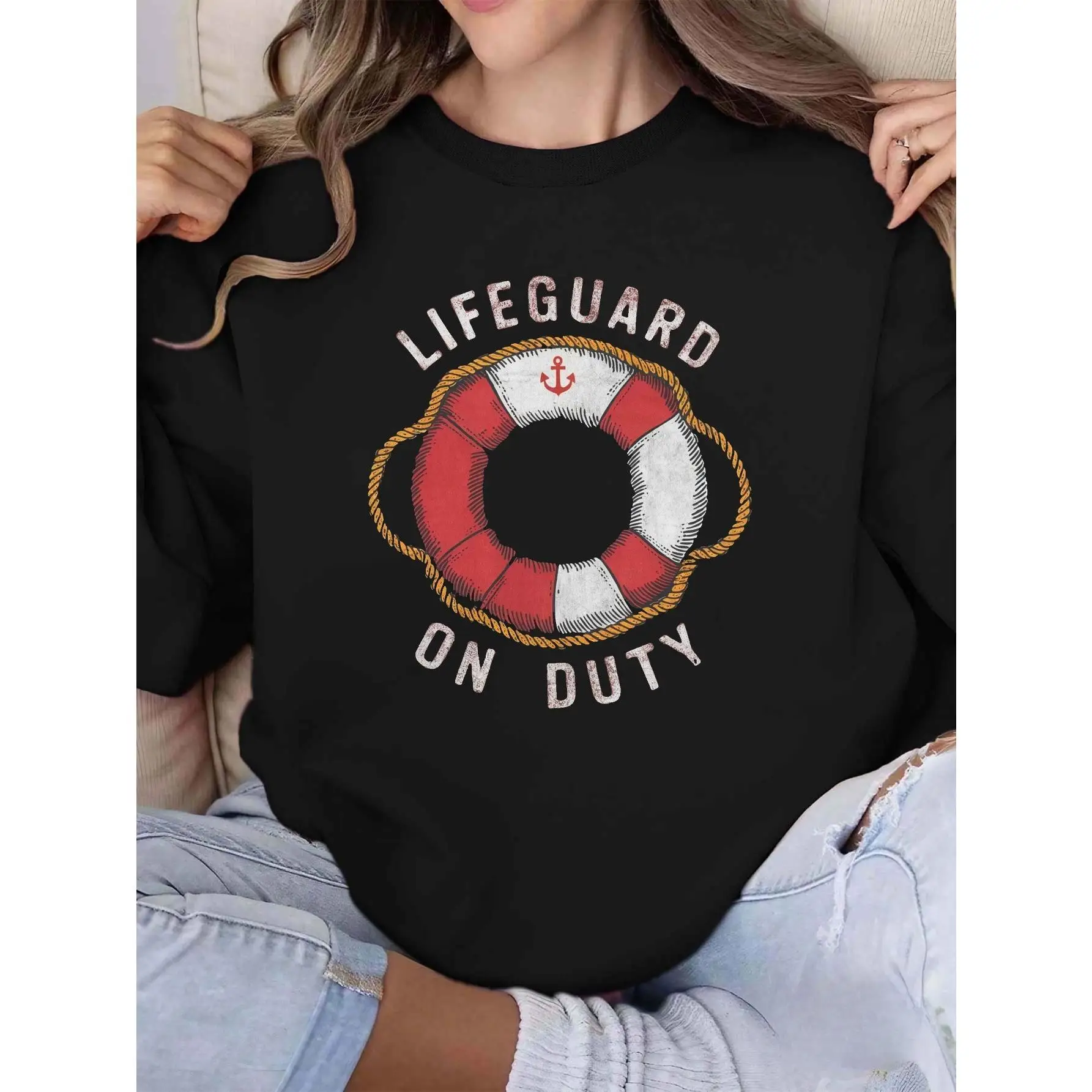 

Vintage Lifeguard On Duty Sweatshirt for Women, Funny Rescue Buoy Print Pullover, Casual Oversized Beach Holiday Top