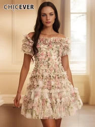 CHICEVER Vintage Spliced Mesh Dresses For Women Slash Neck Short Sleeve High Waist Patchwork Ruffles Hit Color Mini Dress Female