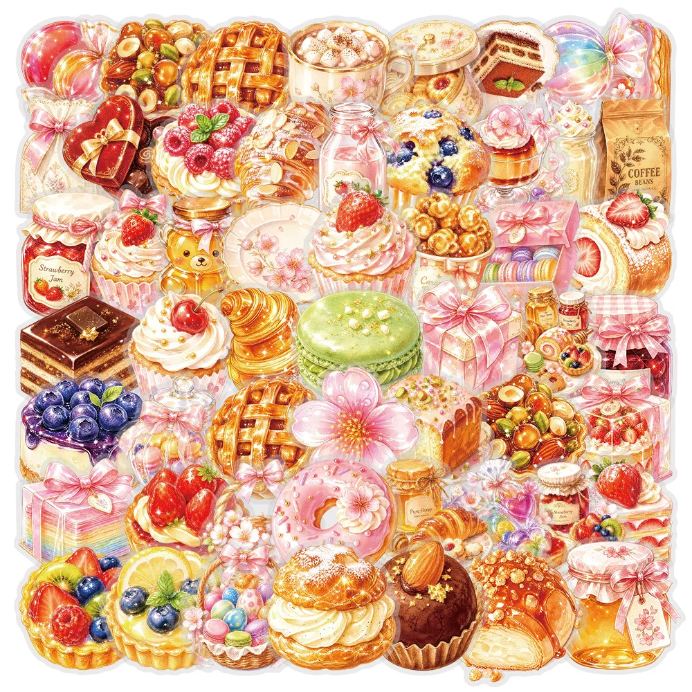 50 PCS Exquisite Glass Style Afternoon Tea Food Theme Transparent Stickers Thermos Cup Fridge Lunch Box Waterproof Decals