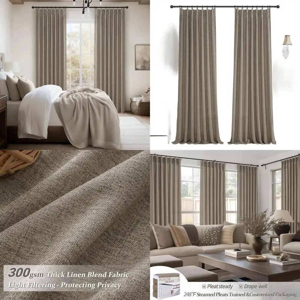 

Плиссированные льняные полупрозрачные шторы, 244 см в длину, комплект из 2 панелей, цвет темный лен, светопропускающие, для обеспечения приватности
