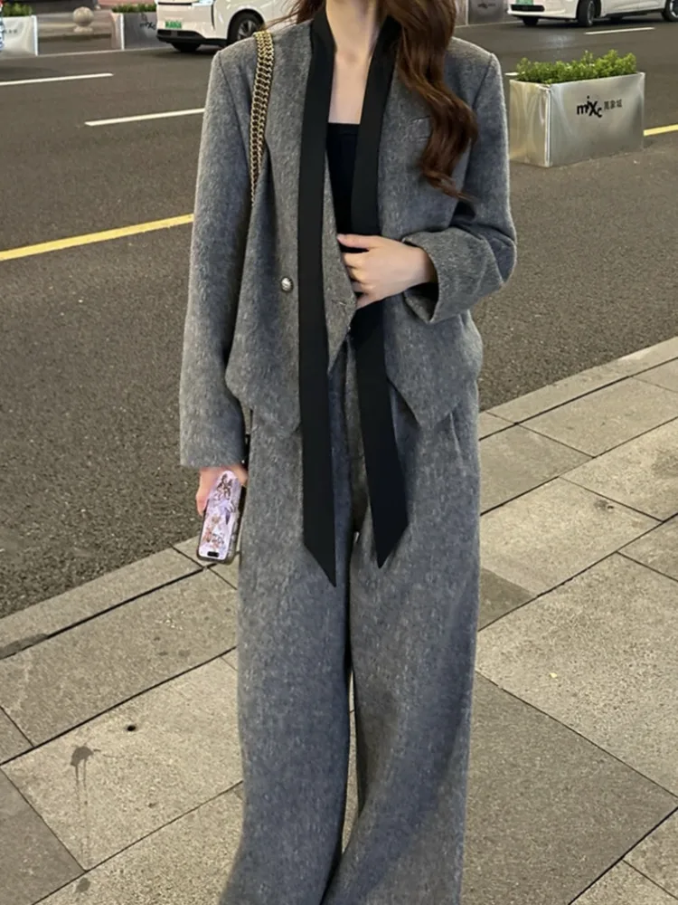LANMREM Fashion Set Women\'s Autumn And Winter Irregular V-neck Woolen Coat Casual Straight Wide Leg Pants Two-piece Sets 2DB1411
