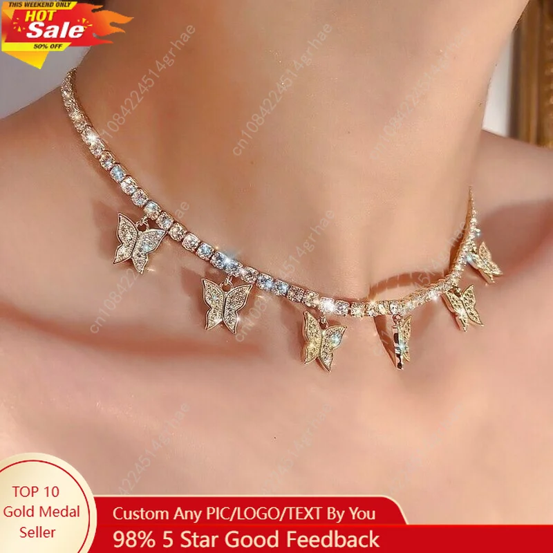 

Crystal Butterfly Pendants Women Chokers Personality Gold Color Hollow Chain Choker Necklaces for Ladies Punk Collar jewellery