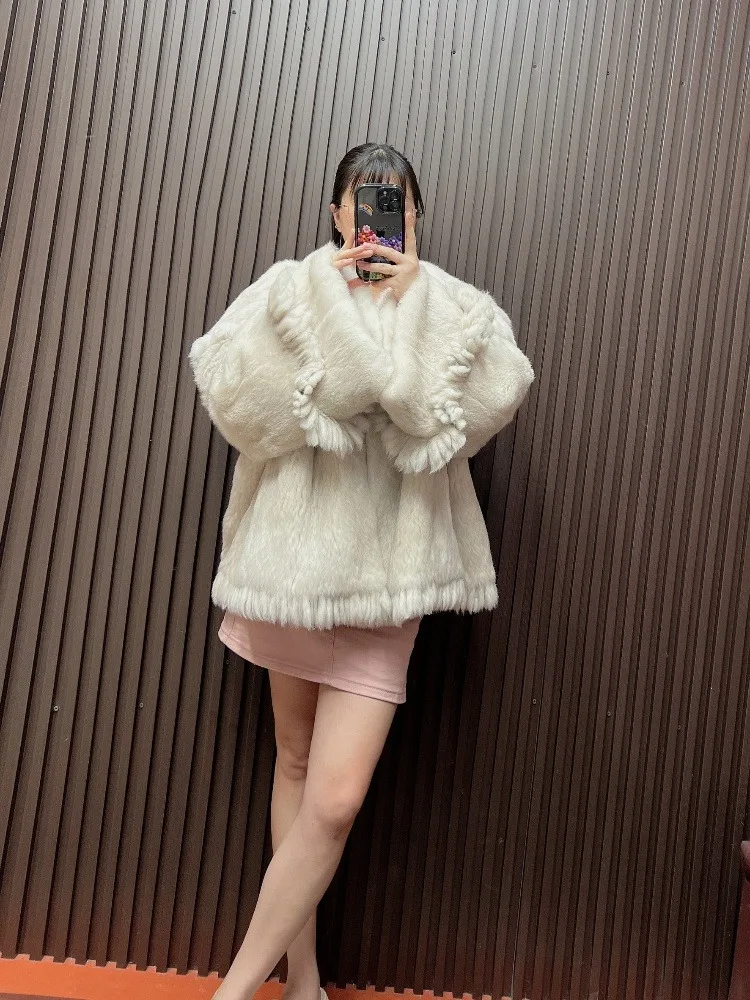 Damski płaszcz z prawdziwego futra królika, miękki, puszysty, zimowy, kurtka, płaszcze, moda uliczna, koreański Casaco Feminino