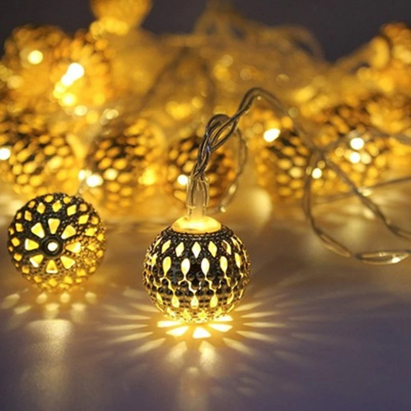 Solar LED String Lights Outdoor Iron Art Moroccan Ball Led String Lamp Gold Ball Silver Iron Round Ball