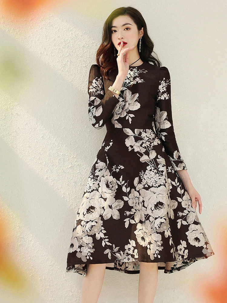 Neues Jacquard kleid Frauen Herbst Langarm Party kleid O-Ausschnitt Blumen kleider elegante Arbeit lässig Luxus Damen bekleidung