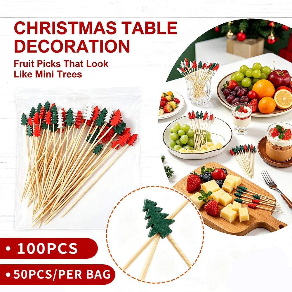100PCS Disposable Christmas Tree Cocktail Picks, Colorful Decorative Bamboo Sticks, Holiday Food Garnish for Xmas Gathering, Fruit, Desserts, Drink Decoration