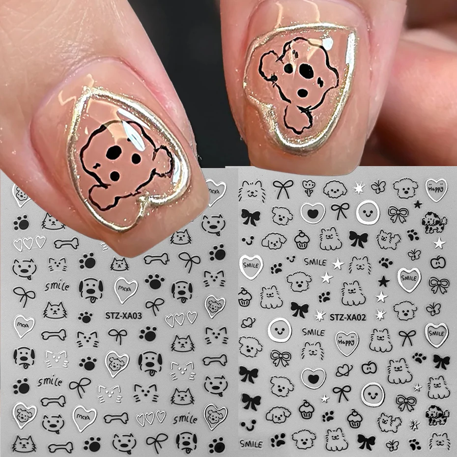 Niedliche handbemalte Nagelaufkleber mit Katzen- und Hundemotiven, selbstklebende Nagelsticker mit Welpen- und Schleifenmotiven für kreative Maniküre-Designs zum Selbermachen