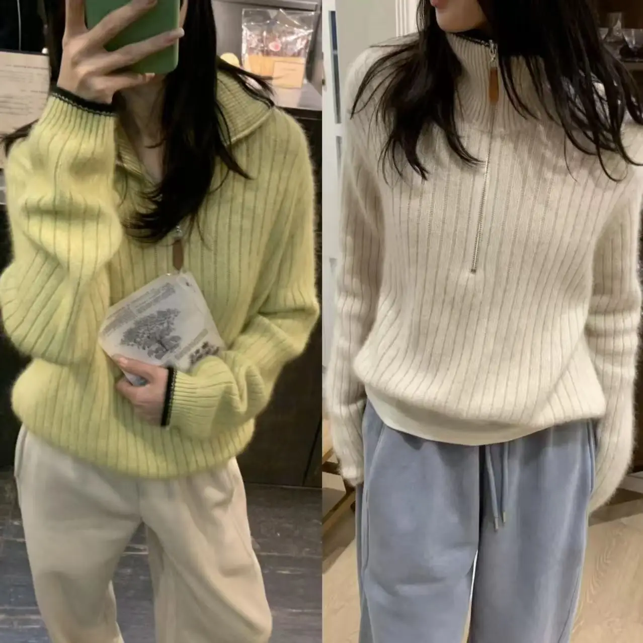 

Свободный вязаный свитер, женский винтажный свитер с воротником на молнии, базовый слой с ленивым узором, длинный свек, зимняя мода