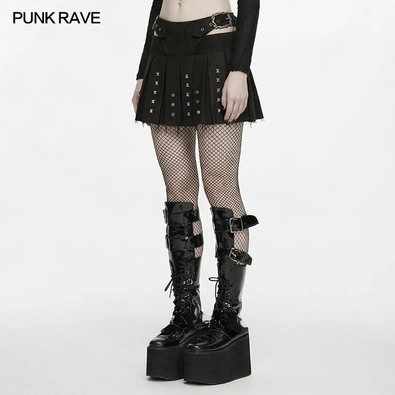 PUNK RAVE Women's Punk Decadant Washed Dark Skirt Vintage Mottled A-line Cross Shape Buckle Casual Women Clothing