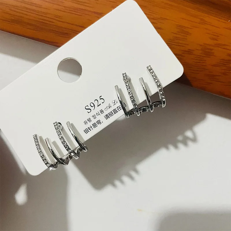 Multi Layer Type Zinc Alloy Claw Zirconium Stud Earrings Women Silver Color Arc Vertical Bar Rhinestone Enbeded Korea Earrings