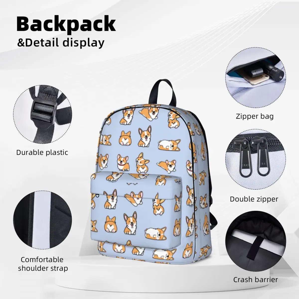 Kawaii Corgi Backpacks Large Capacity Student Book bag Shoulder Bag Travel Rucksack Casual Children School Bag