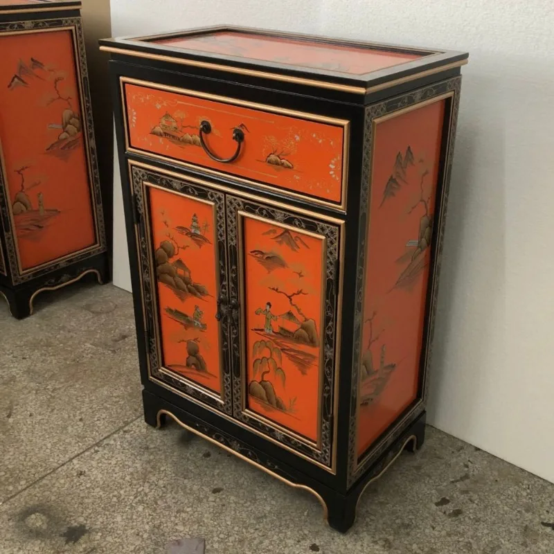 Chinese style one bucket two door cabinet painted furniture hand painted landscape cabinet Hermès orange high-end storage cabine
