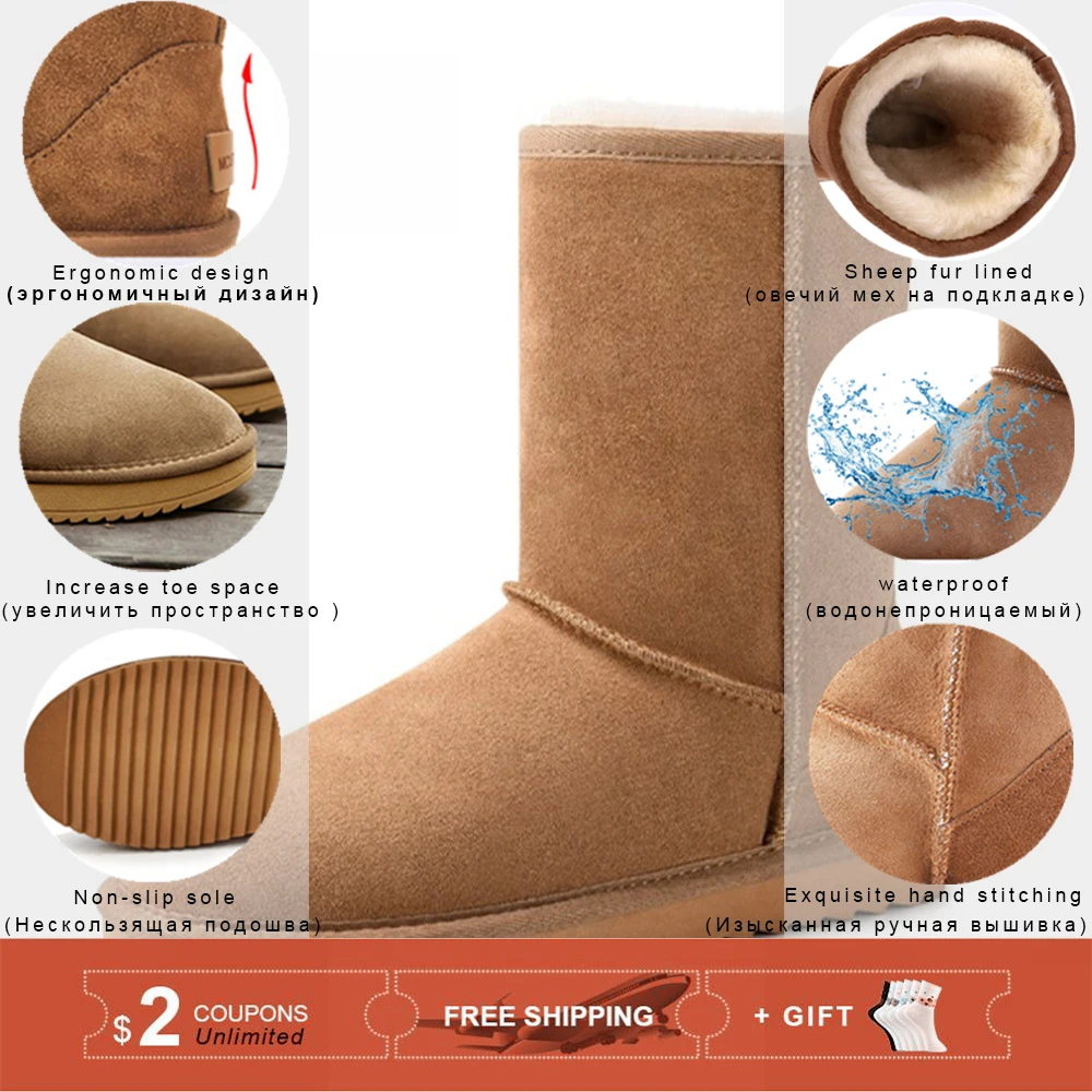 KZZO Women Classic Basic Australia Genuine Leather Snow Boots Natural Sheep Wool Lined Winter Non-Slip Shoes