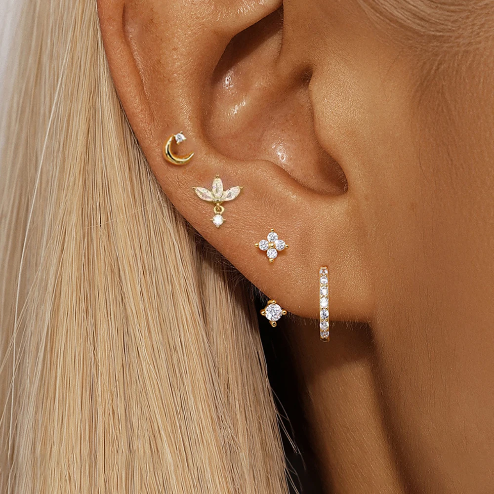 4PCS Zircon Star Moon Flower Small Hoop Earrings Set For Women Stainless Steel Huggies Pendant Piercing Earrings Jewelry Aretes