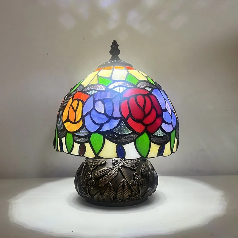 Tiffany Style Table Lamp 8 Inch Rose Flower Stained Glass Shade Table Lamp Art Home Decor for Living Room Bedroom