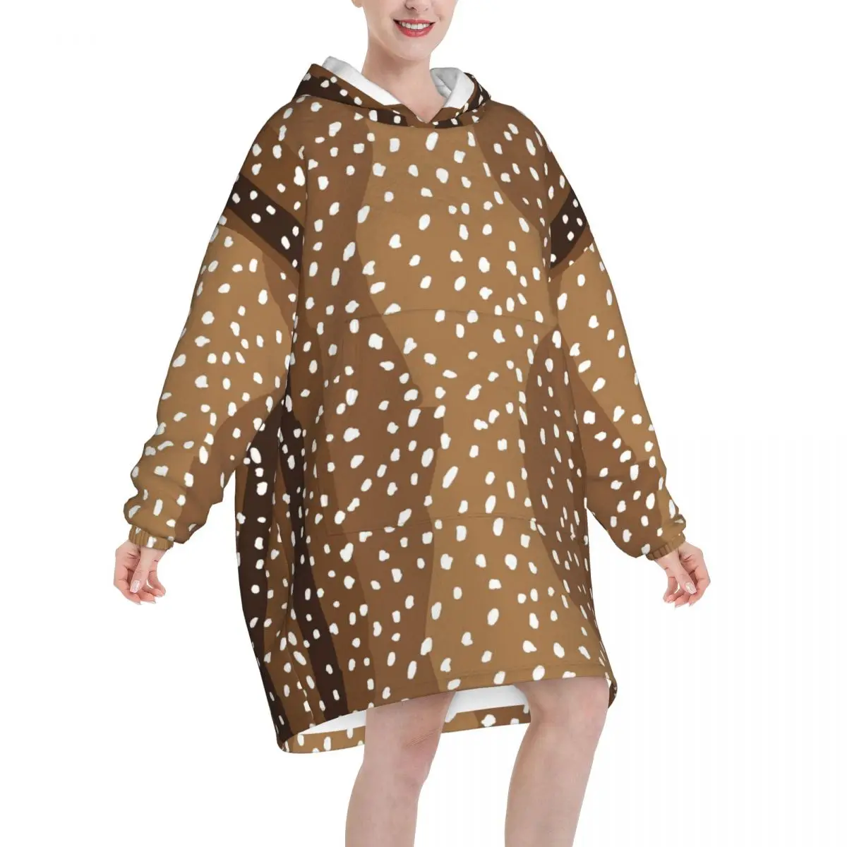 Brown Base Light Antelope Spot Wearable Blanket Hoodie for Women Men Large Blanket Sweatshirt Thick Fleece Hooded Blanket
