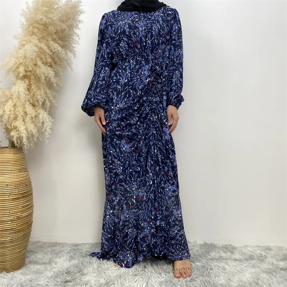 Muslim Women\'s dress Casual print bark crepe long dress Zipper collar long sleeves loose Muslim maxi dress