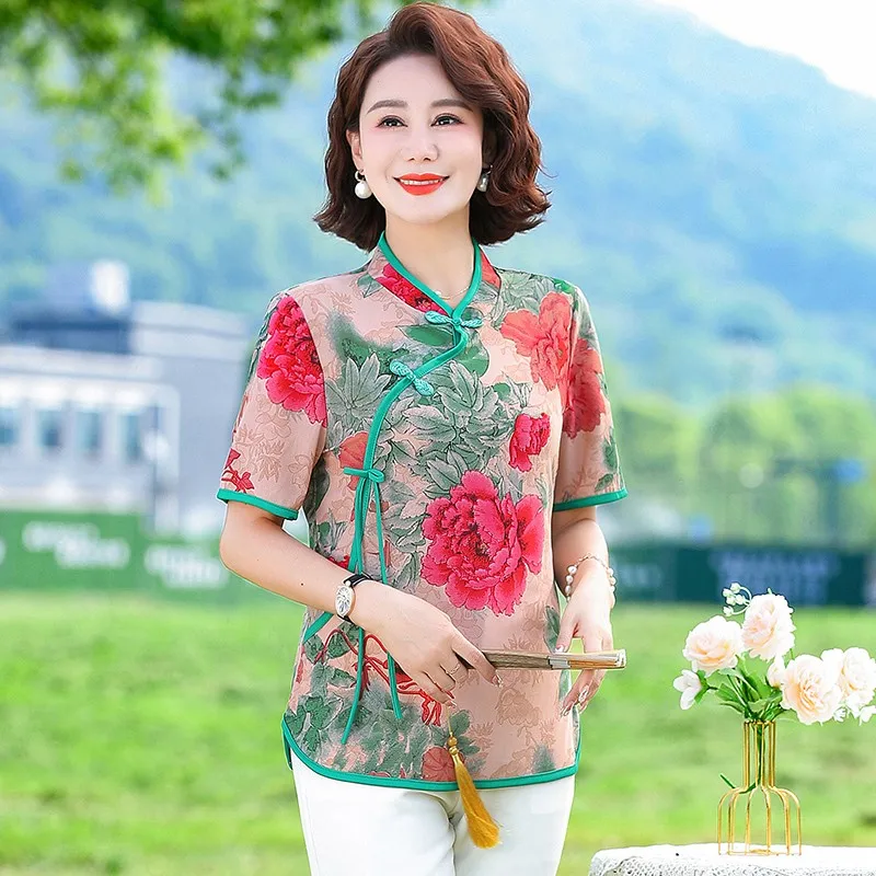 Chinese Buckle Improved flowers Short Tops Women Blouse Chinese Floral Shirt Tang Suit Spring summer Ancient Quality Clothes