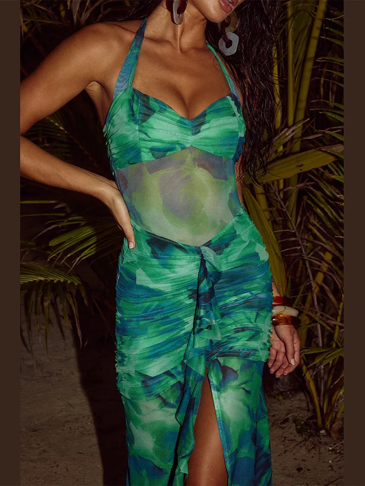 Cutenew Tie Dye Sexy Women Dress Summer Hipster Printed Halter Lace Up Backless Split Ruched Maxi Bodycon Mujer Festival Vestido